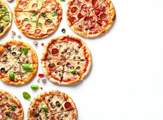 Set with various delicious types of pizza on a white background, top view.