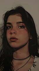 Black and white portrait of a young dark haired girl with bright lips, striking features and deep emotions, set against a soft,realistic illustration of profile photo