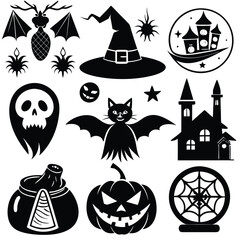 Obraz premium halloween set. pumpkin, skull, broom, headstone, spider, cobweb, crows, dead man's hand, witch hat, cauldron, bats. silhouette graphics. vector