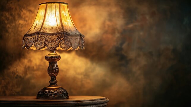 Antique table lamp isolated on a table, beside a ceiling light. 
