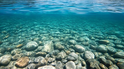 Obraz premium A close-up of crystal-clear water at Lake Tahoe, showcasing the vibrant blue hues and smooth pebbles beneath the surface