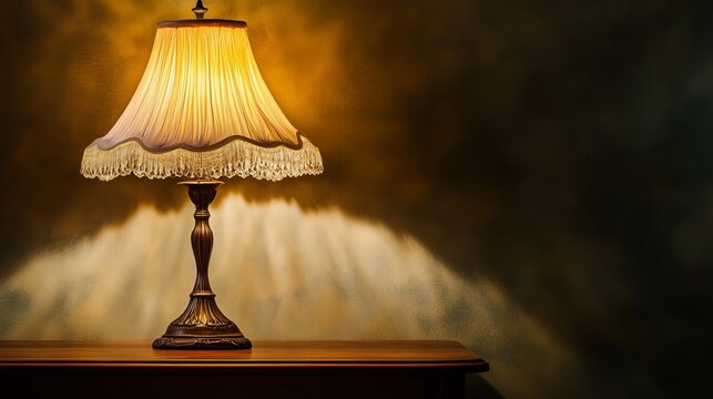 Antique table lamp isolated on a table, beside a ceiling light. 