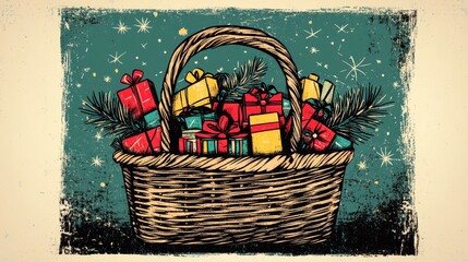 Coloring book illustration of a festive basket filled with gifts and treats for the holiday season