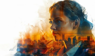 A contemplative professional gazes out over a vibrant cityscape as the golden hues of sunset blend with the skyline, reflecting hopes and aspirations on an inspiring evening