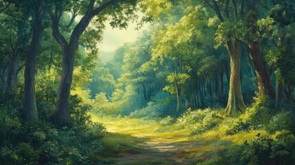 Naklejka premium Panoramic oil painting depicting lush green woodlands and serene natural scenery