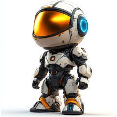 A futuristic robot with a large head and a white and orange suit.