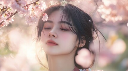 Fototapeta premium Woman with Closed Eyes Surrounded by Pink Blossoms