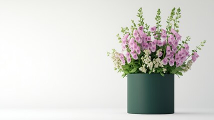 Fresh foxgloves in a dark green hat box, offering a natural and elegant look for any occasion.