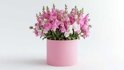 Stylish pink snapdragons in a pink hat box on a clean white background