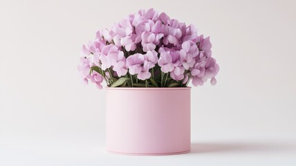 Sweet peas in a pastel pink hat box on a white background