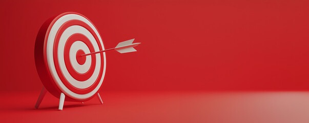 Arrow hit aim center business marketing strategy target celebrating success, 3d red and white render copy space banner.