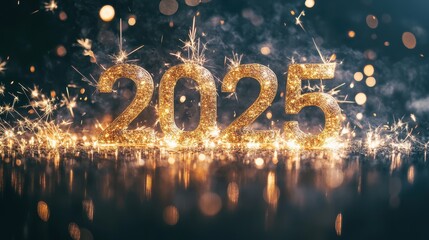 A sparkling golden 2025 stands out against a dark, festive background, creating an exciting mood for New Year celebrations