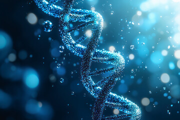 Spiral of Blue DNA double helix with light bokeh and bubble on beautiful blue background.