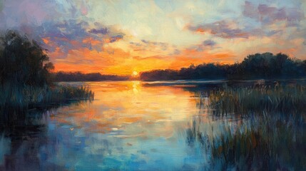 Oil painting capturing a serene sunset over a tranquil lake showcasing vibrant colors and a peaceful atmosphere