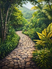 Obraz premium Oil painting depicting a cobblestone path winding through a vibrant green jungle