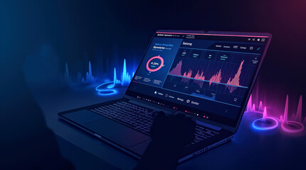 Dark Mode Analytics Dashboard on Laptop with Data Visualizations and Colorful Neon Background
