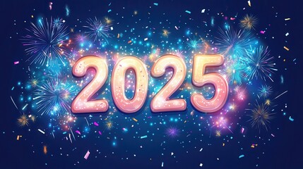 A vibrant banner showcases the year 2025 surrounded by colorful fireworks and confetti, celebrating a festive atmosphere for New Year's Eve