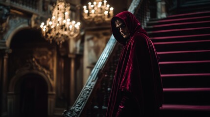 Naklejka premium Mysterious Figure in a Grand Hallway