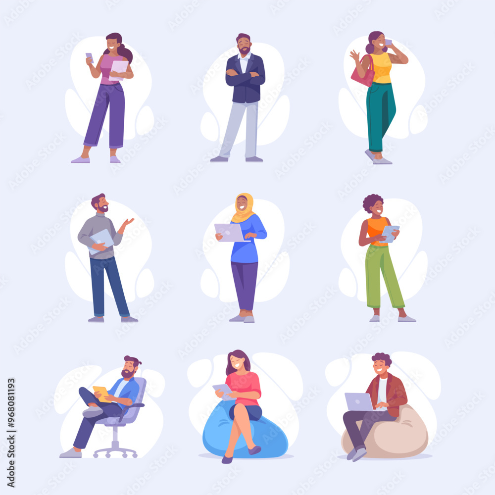 Poster man and woman entrepreneur character standing and use gadget vector set