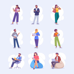 Man and Woman Entrepreneur Character Standing and Use Gadget Vector Set