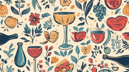 Coloring book illustration of a festive celebration concept featuring a seamless pattern of traditional icons and symbols including wine glasses unleavened bread spring flowers and more