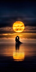 Young couple wearing traditional japanese clothes enjoying romantic sunset over water