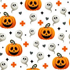 Halloween seamless pattern with smiling orange pumpkins, ghosts, crosses, hearts, and medical symbols on white background, perfect vector design for halloween decorations, fabric, party invitations