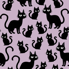 Cute halloween seamless pattern with black cat and kitten silhouettes on pink and lavender background, perfect vector design for halloween themed decor, fabric, wrapping paper, party invitations