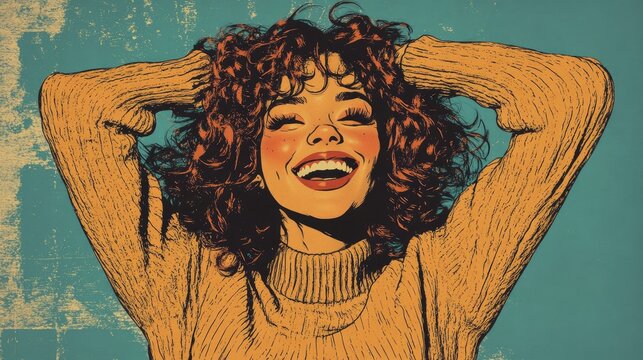 Playful retro illustration of a young woman with curly hair exuding joy in a cozy sweater