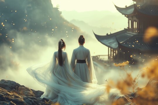 Poster for Chinese historical drama romance series. Woman and man in flowing traditional hanfu costumes, garments billow in the wind. Misty mountains and ancient temples. 