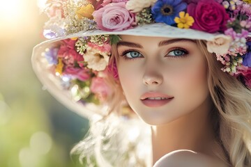 Naklejka premium portrait of beautiful woman with hat made of colorful flowers
