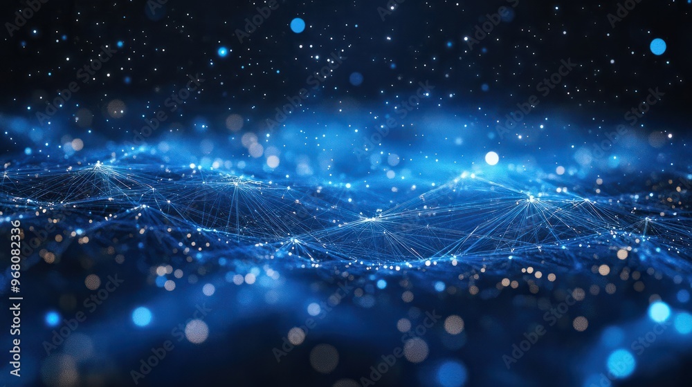 Poster a blue background filled with a complex network of interconnected dots and lines, representing a tec