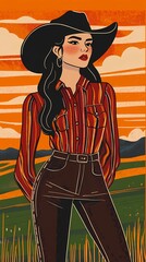 background image of a cowboy woman, western illustration style, western.  