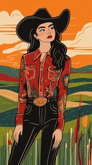 background image of a cowboy woman, western illustration style, western.  