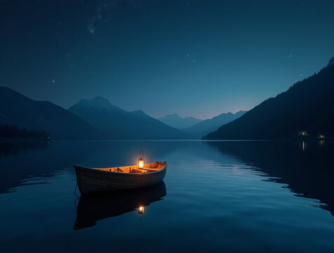 Boot treibt auf dunklem See bei Nacht

