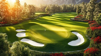 Sun shining on a golf course surrounded by forest at golden hour
