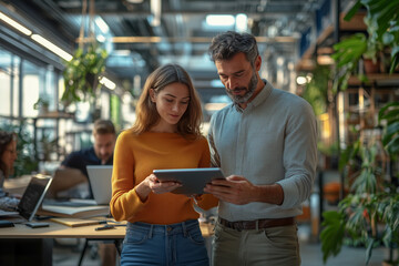 A man and a woman in casual clothes are discussing over a digital tablet, in a work office.