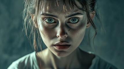 A woman with an eerie and unsettling expression on her face, looking at the camera with a chilling gaze