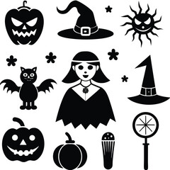 Obraz premium halloween set. pumpkin, skull, broom, headstone, spider, cobweb, crows, dead man's hand, witch hat, cauldron, bats. silhouette graphics. vector
