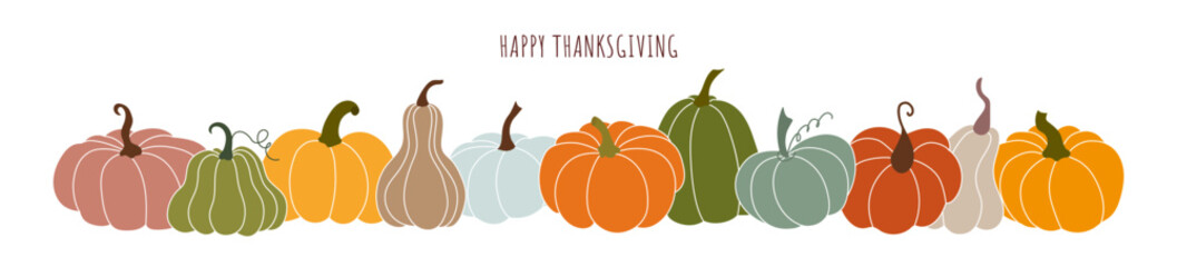 Beautiful colorful pumpkins. Horizontal border, pumpkin frame for Thanksgiving. Seasonal vector background design.