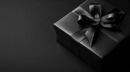 Elegant black gift box with a satin ribbon against a dark background, perfect for any special occasion or celebration.