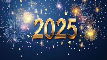 A vibrant wallpaper banner showcases the year 2025 in bold gold with colorful fireworks and stars, ideal for celebrations and parties
