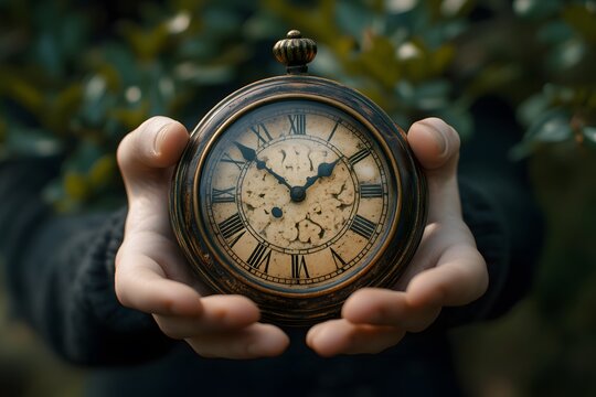lightning and glowing antique pocket watch, clock showing time
