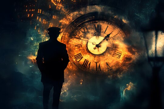 lightning and glowing antique pocket watch, clock showing time