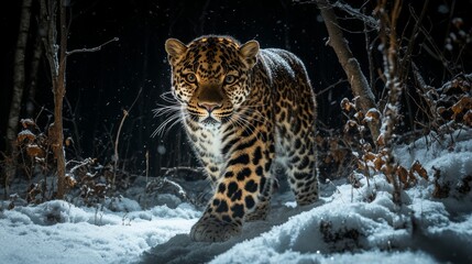 Fototapeta premium Leopard in the Snow: A Majestic Nighttime Encounter
