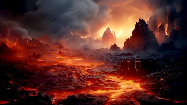 Explosive Volcanic Eruption with Lava Flowing and Thick Smoke, Depicting a Catastrophic Scene of Molten Lava and Apocalyptic Ash Clouds