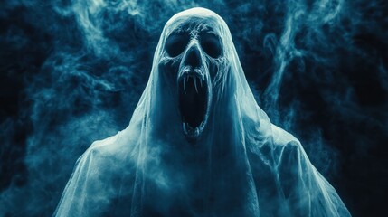 Evil halloween ghost avatar with open mouth coming towards you scary spooky horror background. Generative AI