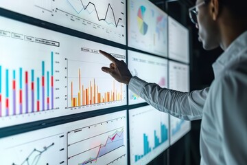 A man is looking at a computer screen with many graphs and charts, generative ai image