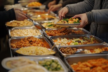 Thanksgiving soup kitchen, with people serving food to themselves