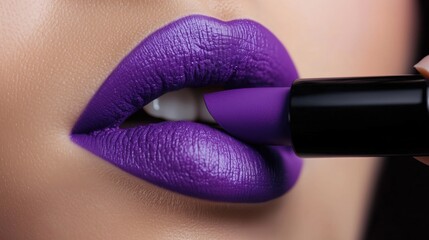 Woman applying purple lipstick to her lips 